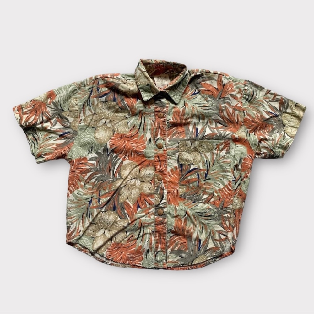 Vintage 80s Tropical Leaf Print Button Up Crop Top